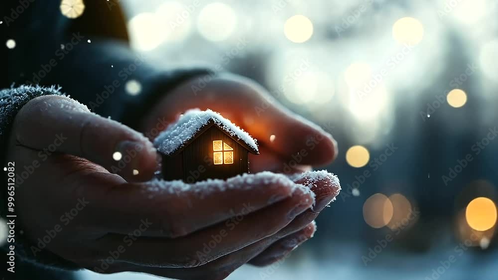 A close-up of hands gently cradling a small house, set against the background of a snowy landscape