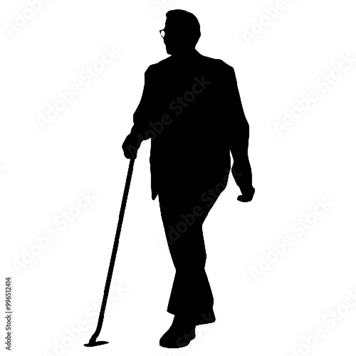 Old Man with Walking Aid Silhouette Isolated on White Background – Vector Illustration