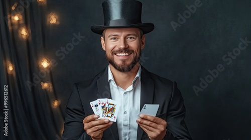 A charming magician performs card tricks with enthusiasm, wearing a classic top hat and exuding confidence in a festive atmosphere.