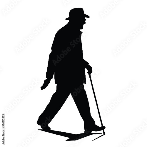 Old Gentleman Walking Aid Silhouette Isolated on White Background – Vector Illustration