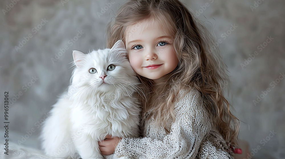 A touching scene featuring a little girl sitting quietly with a white cat, both deep in thought, set against a dark, soft background.
A touching scene featuring a little girl sitting quietly with a white cat, both deep in thought, set against a dark, soft background.