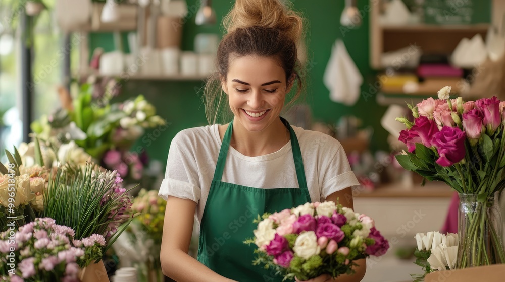 Fototapeta premium A cheerful florist arranging a vibrant bouquet in a bright flower shop, showcasing passion for floral design and creativity.