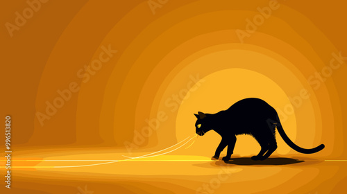 Silhouette of a black cat in a playful stance against an orange gradient background