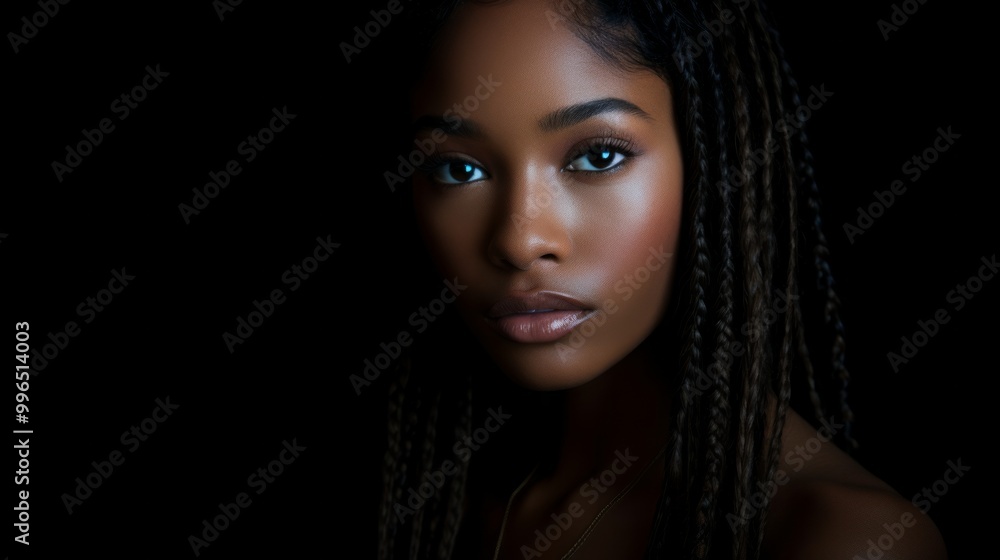 Beautiful black brunette fashion model with perfect hair on black background. Neural network ai generated art Beautiful black brunette fashion model with perfect hair on black background. Neural network ai generated art