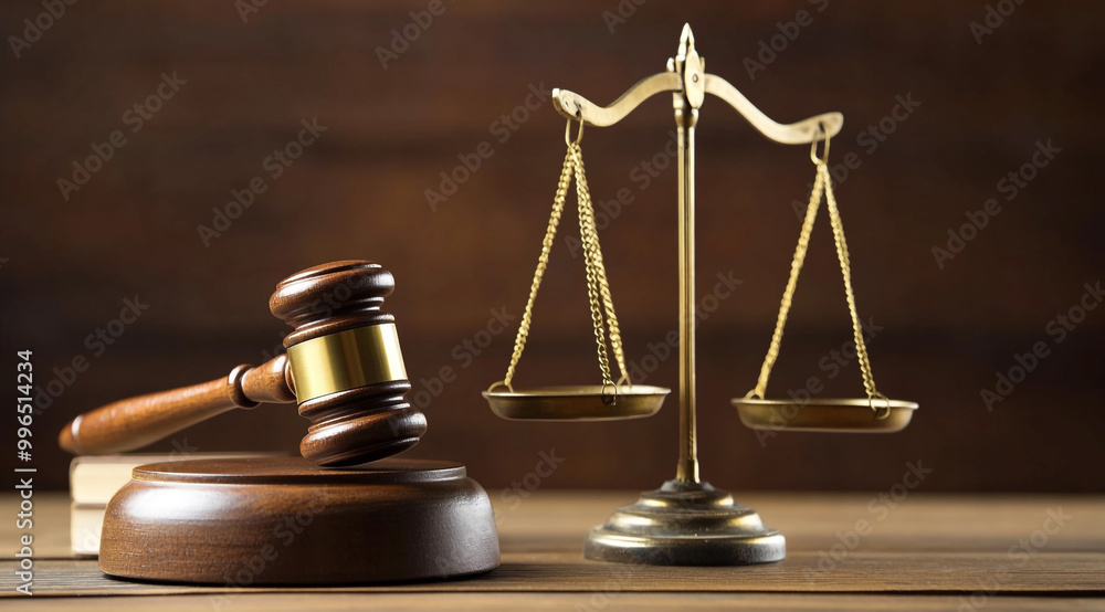 A wooden gavel and scale of justice on the table in front view. The background is blurred with a bookcase. A wooden gavel and scale of justice on the table in front view. The background is blurred with a bookcase.