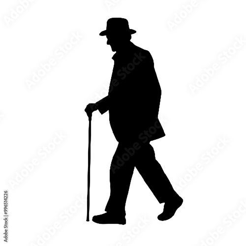 Silhouette of Elderly Male Using Walking Cane Isolated on White Background – Vector Illustration