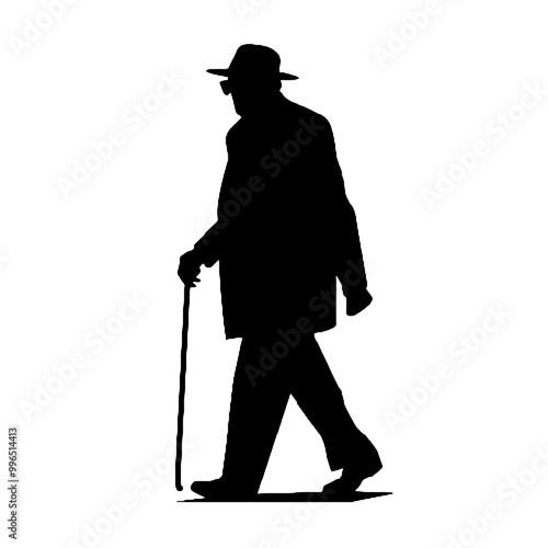 Elderly Man Walking Cane Silhouette Isolated on White Background – Vector Illustration