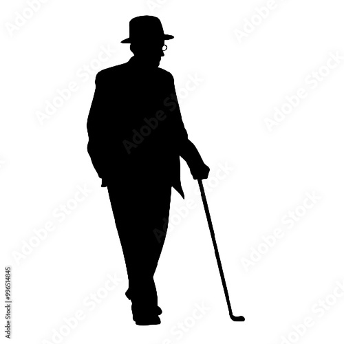 Silhouette of an Older Adult with Cane Isolated on White Background – Vector Illustration