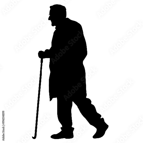 Senior Citizen with Walking Stick Silhouette Isolated on White Background – Vector Illustration