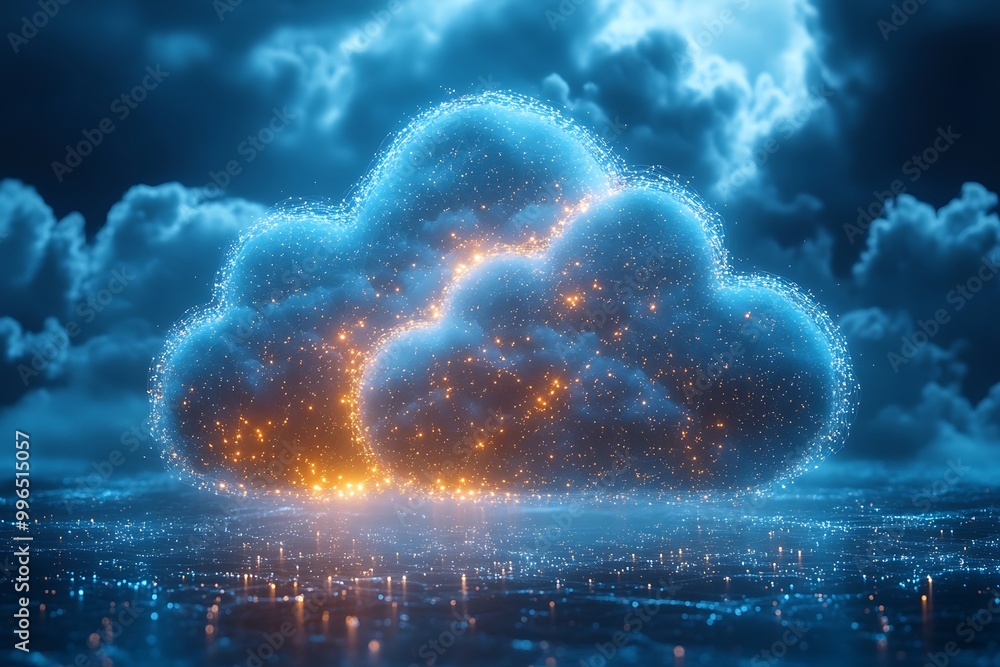 Abstract glowing cloud computing symbol on blue background Abstract glowing cloud computing symbol on blue background