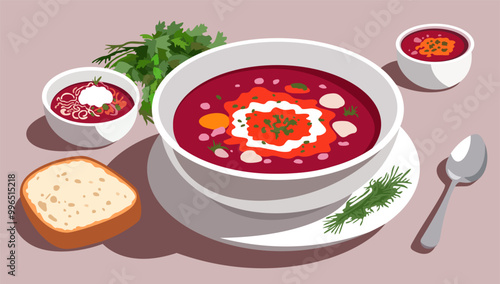 Borsch. Beetroot soup with sourcream. Vector illustration