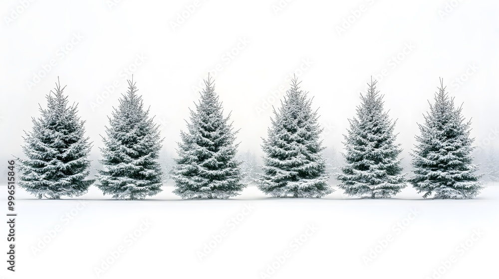 A row of snow-covered evergreen trees in a winter landscape A row of snow-covered evergreen trees in a winter landscape