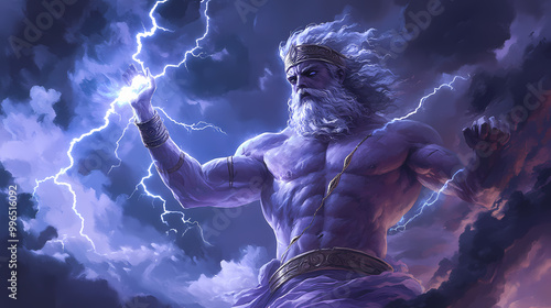 Illustration of zeus, god of sky and thunder. zeus the king of the greek gods ready to hurl lightning bolts down upon the earth and mankind. generative ai. Greek Mythology. Illustration