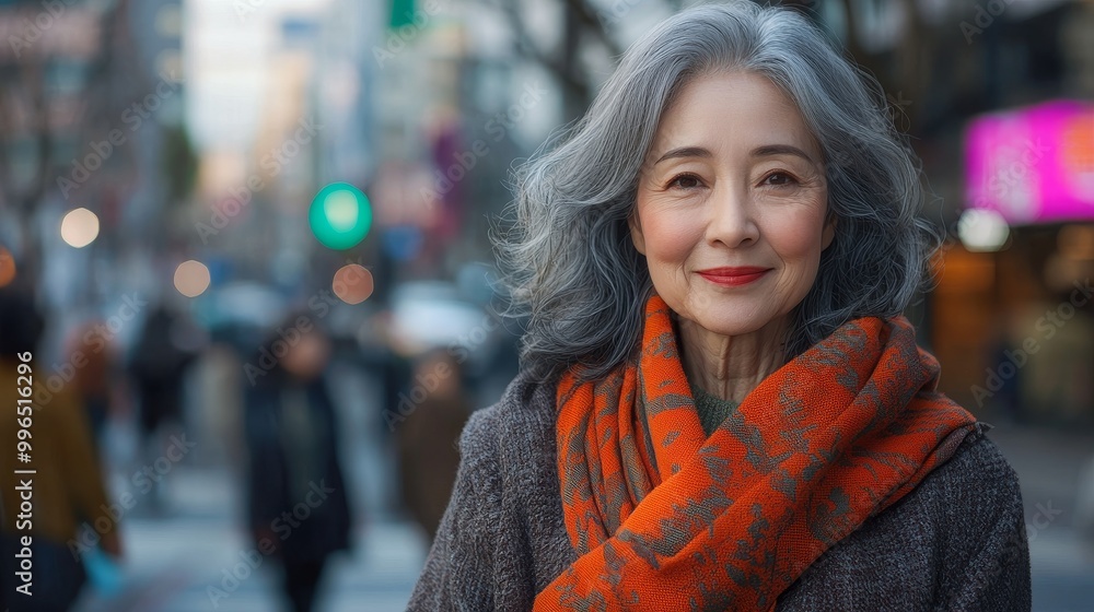 Happy elderly Asian lady in the street with copy space outdoors Happy elderly Asian lady in the street with copy space outdoors