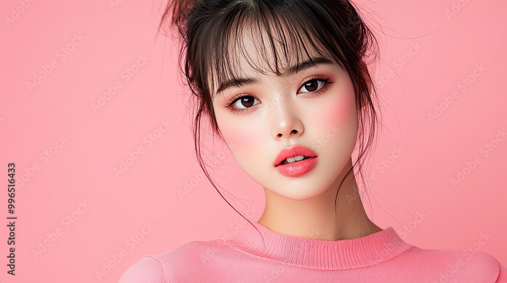 A close-up portrait of a young woman against a pink background, showcasing soft makeup and a stylish hairstyle. A close-up portrait of a young woman against a pink background, showcasing soft makeup and a stylish hairstyle.