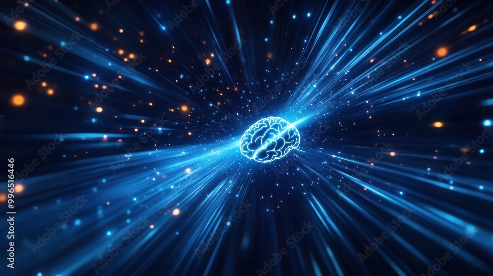 Fototapeta premium Digital brain with light rays in a dark background.