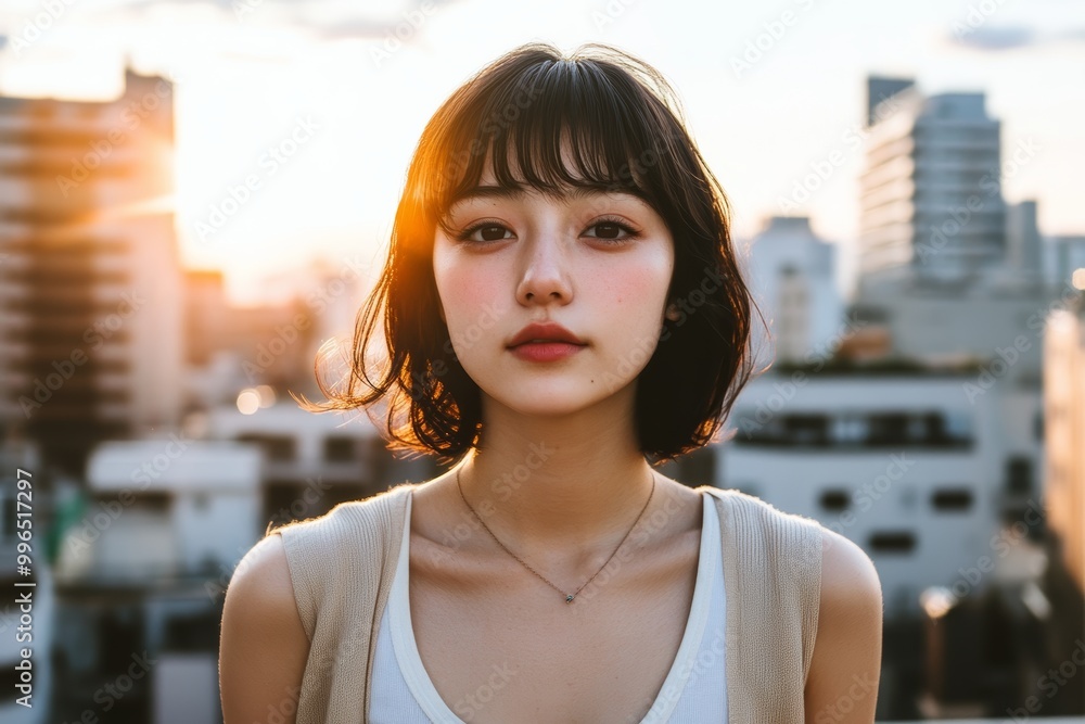 夕日に照らされる都市の屋上で微笑む女性のポートレート 夕日に照らされる都市の屋上で微笑む女性のポートレート