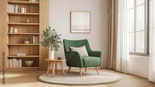 A stylish mid-century living room with a green chair, bookshelf, and natural light streaming in