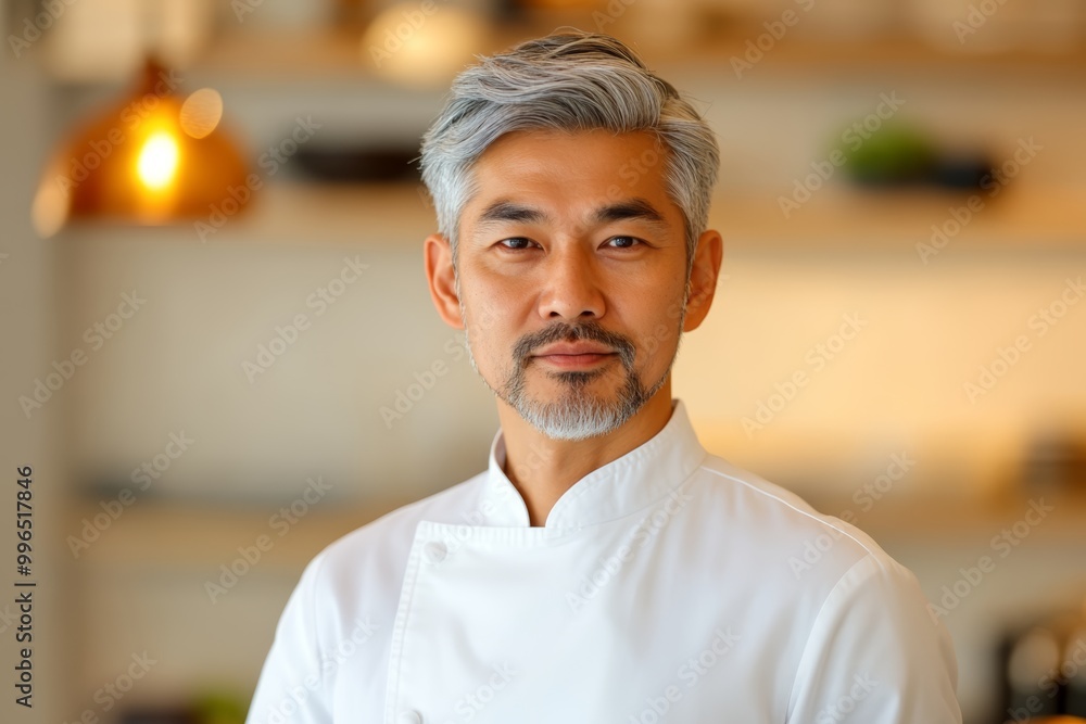 Obraz premium シェフがキッチンで微笑みながら料理をする姿、洗練された雰囲気のレストランでの一瞬