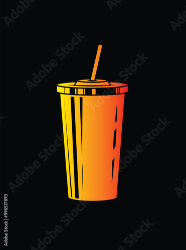 Fast food plastic cup with straw. Hot or cold drink. Original vector illustration in vintage style.