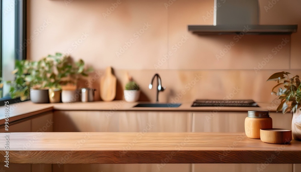 Wooden countertop in the kitchen. Empty product table against a beige wall background. Brown podium for presentation. Interior with a platform for advertising eco-cosmetics
Wooden countertop in the kitchen. Empty product table against a beige wall background. Brown podium for presentation. Interior with a platform for advertising eco-cosmetics