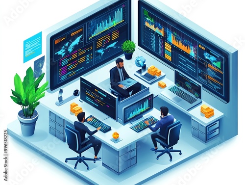 Wallpaper Mural Business professionals discussing international market strategy, futuristic office scene, isometric design, isolated on white background Torontodigital.ca