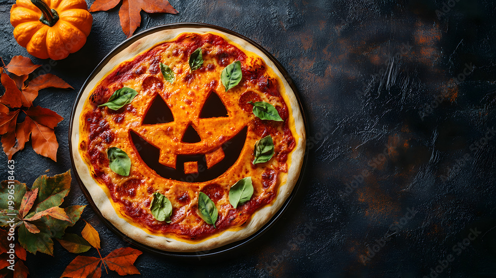 Halloween pizza with a spooky pumpkin smiling face. Overhead view on grey background Halloween pizza with a spooky pumpkin smiling face. Overhead view on grey background
