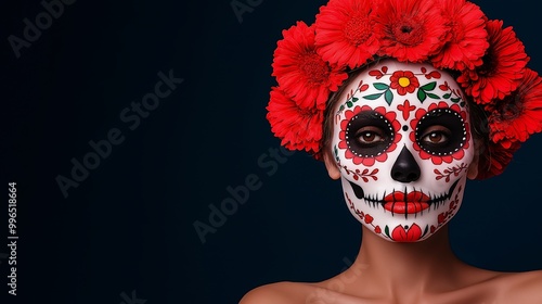 women with sugar skull mask, iisolated red background. photo