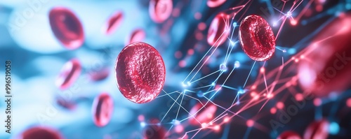 Red blood cells in a network, digital abstract background.