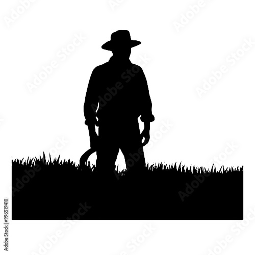 Farm Worker with Tools Silhouette Isolated on White Background – Vector Illustration