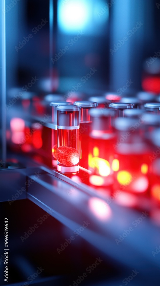 Vials with liquid under blue light in laboratory setting.