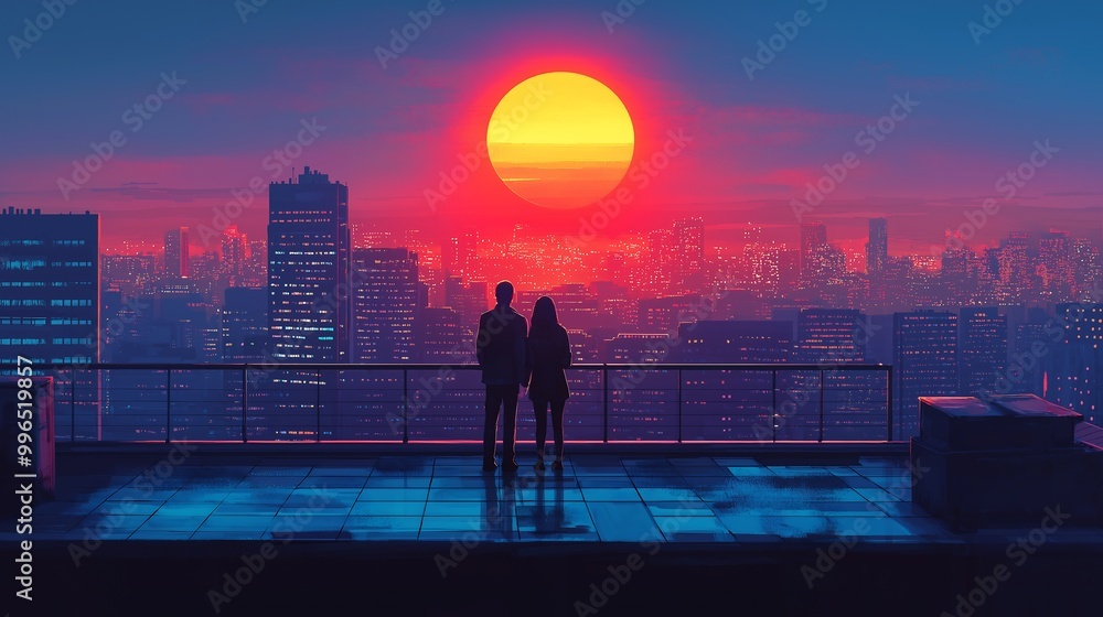 Couple Watching City Sunset Romantic Silhouette Couple Watching City Sunset Romantic Silhouette
