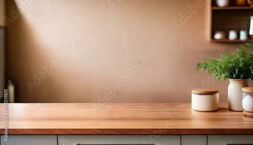 Wallpaper Mural Wooden countertop in the kitchen. Empty product table against a beige wall background. Brown podium for presentation. Interior with a platform for advertising eco-cosmetics

 Torontodigital.ca