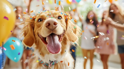 A joyful golden retriever enjoying its birthday party surrounded by friends and family, receiving lots of love and attention during this special celebration filled with happiness and laughter.