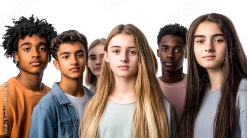 A group of high school students stands together, showcasing their diversity with different hairstyles and expressions, set against a clean backdrop. Each student brings their unique character