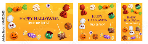Halloween stories, banner, post template set. Trick or treat party concept collection. Scary sweet candy, cookies, lollipop illustration 