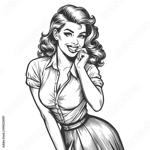 Playful smiling beautiful young woman flirty biting her little finger sketch engraving generative ai fictional character vector illustration. Scratch board imitation. Black and white image.