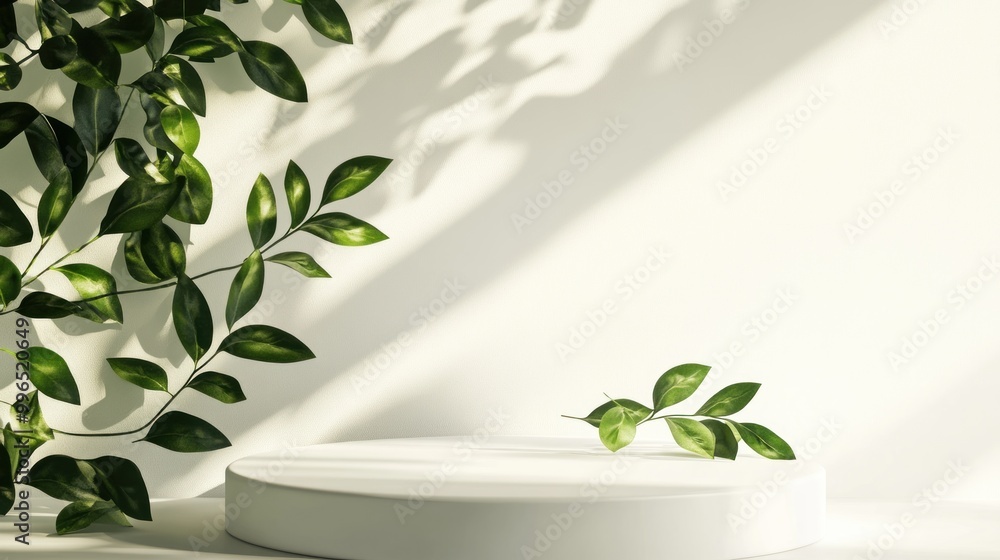 A serene still life featuring green leaves casting delicate shadows on a minimalist white pedestal. A serene still life featuring green leaves casting delicate shadows on a minimalist white pedestal.