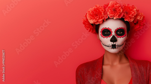 women with sugar skull mask, iisolated red background. photo