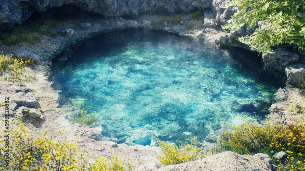 A tranquil natural pool surrounded by rocks and vibrant yellow flowers, reflecting the clear blue sky. A tranquil natural pool surrounded by rocks and vibrant yellow flowers, reflecting the clear blue sky.