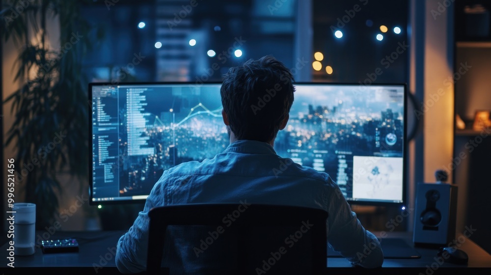 A young Caucasian male working late at a dual-monitor setup, immersed in data analysis amid a city skyline backdrop. A young Caucasian male working late at a dual-monitor setup, immersed in data analysis amid a city skyline backdrop.