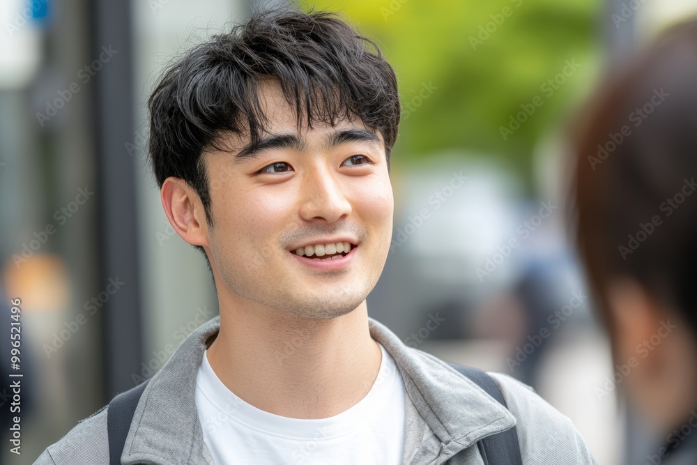 若い男性が明るい笑顔で友人と会話しているシーンを静かな都市の通りで撮影した日中の様子 若い男性が明るい笑顔で友人と会話しているシーンを静かな都市の通りで撮影した日中の様子