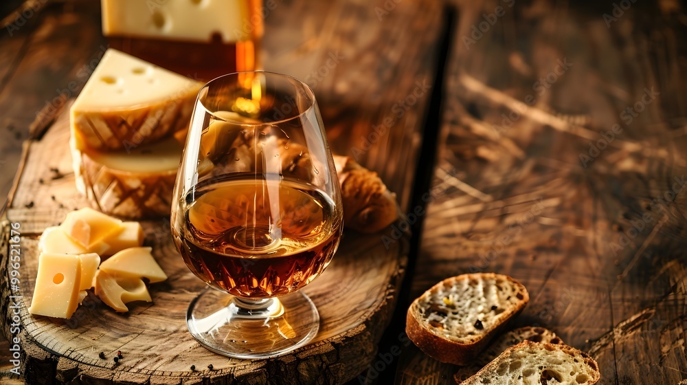 Brandy and Artisanal Cheese Pairing on Rustic Wooden Table Brandy and Artisanal Cheese Pairing on Rustic Wooden Table
