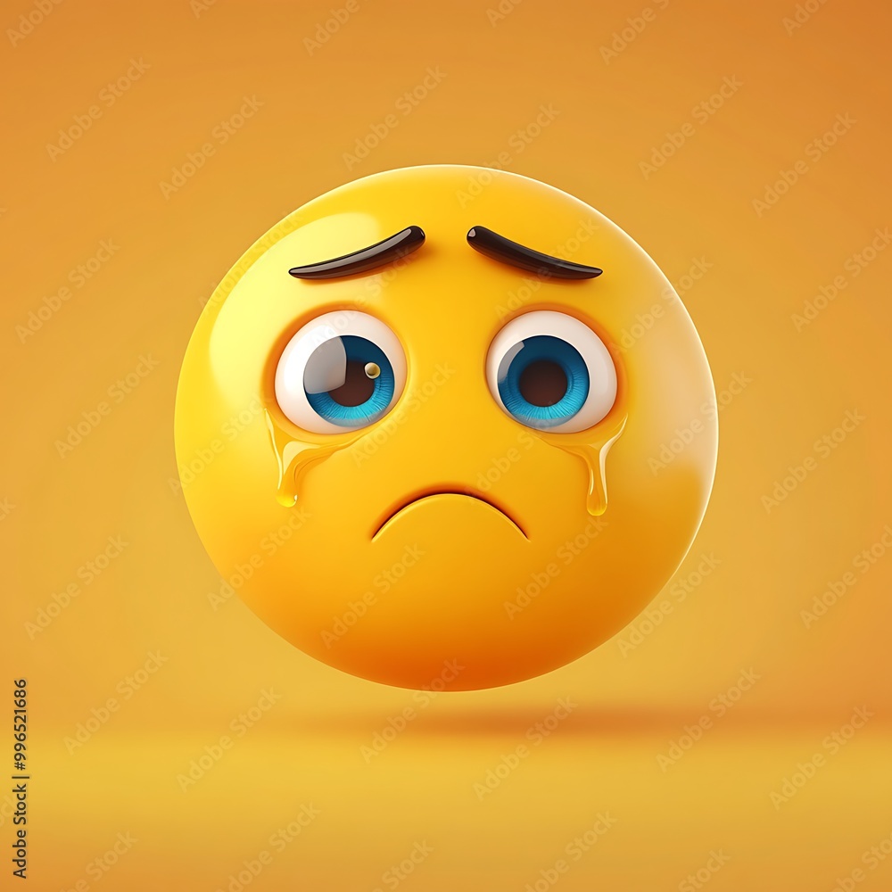 A yellow 3D emoticon with blue eyes, frowning eyebrows and a sad mouth. Tears are dripping from its eyes. A yellow 3D emoticon with blue eyes, frowning eyebrows and a sad mouth. Tears are dripping from its eyes.