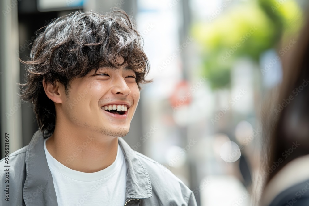 若者が街中で笑顔を見せている様子、晴れた日の昼間に彼の楽しさが伝わる瞬間