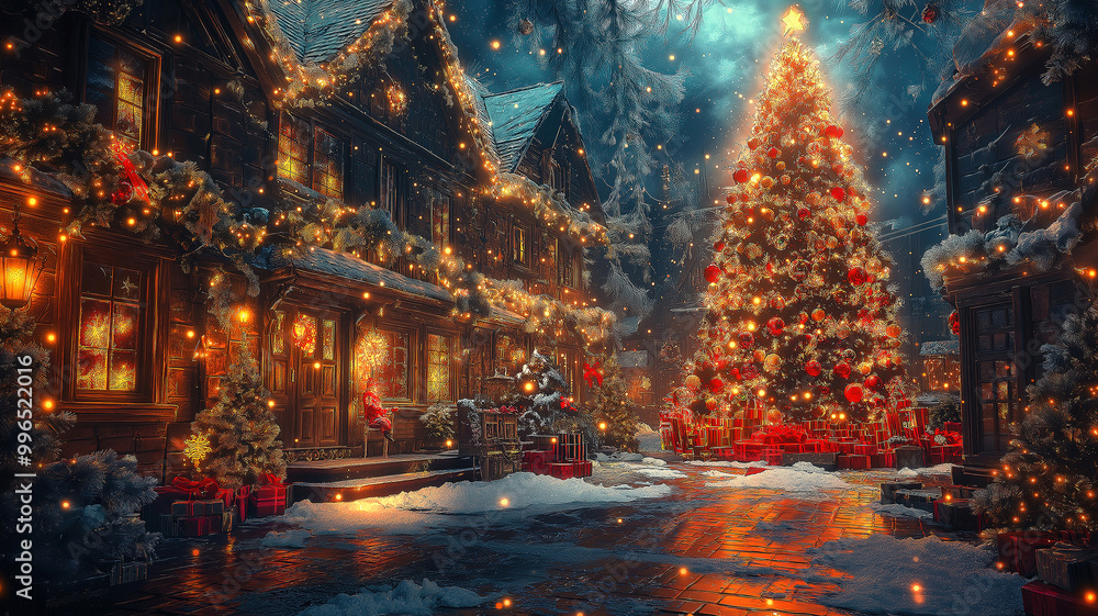 Naklejka premium Festive Christmas Decorations with Gifts, Ornaments, and Lights Creating a Joyful Holiday Atmosphere