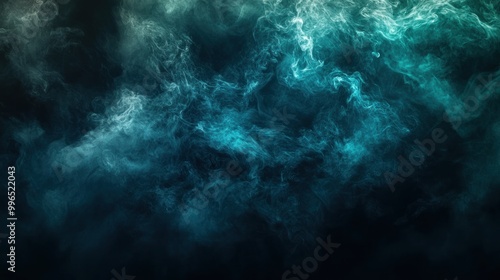 Abstract digital smoke in shades of turquoise and dark blue swirling together, creating a mesmerizing atmosphere.