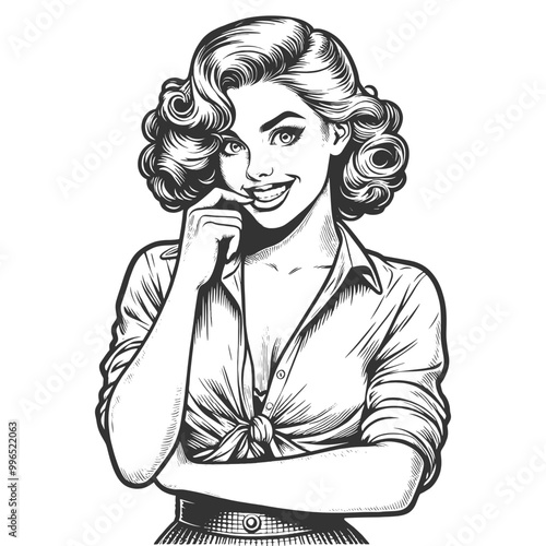 Playful smiling beautiful young woman flirty biting her little finger sketch engraving generative ai fictional character vector illustration. Scratch board imitation. Black and white image.