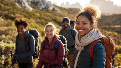 Diverse Group of Friends Enjoying a Hike with Beautiful Nature Backdrop, Genuine Smiles in the Wilderness