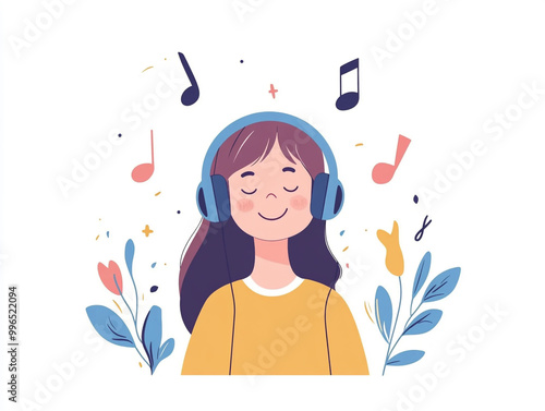 A girl smiling and listening to music with headphones, flat design illustration with simple shapes and lines. 